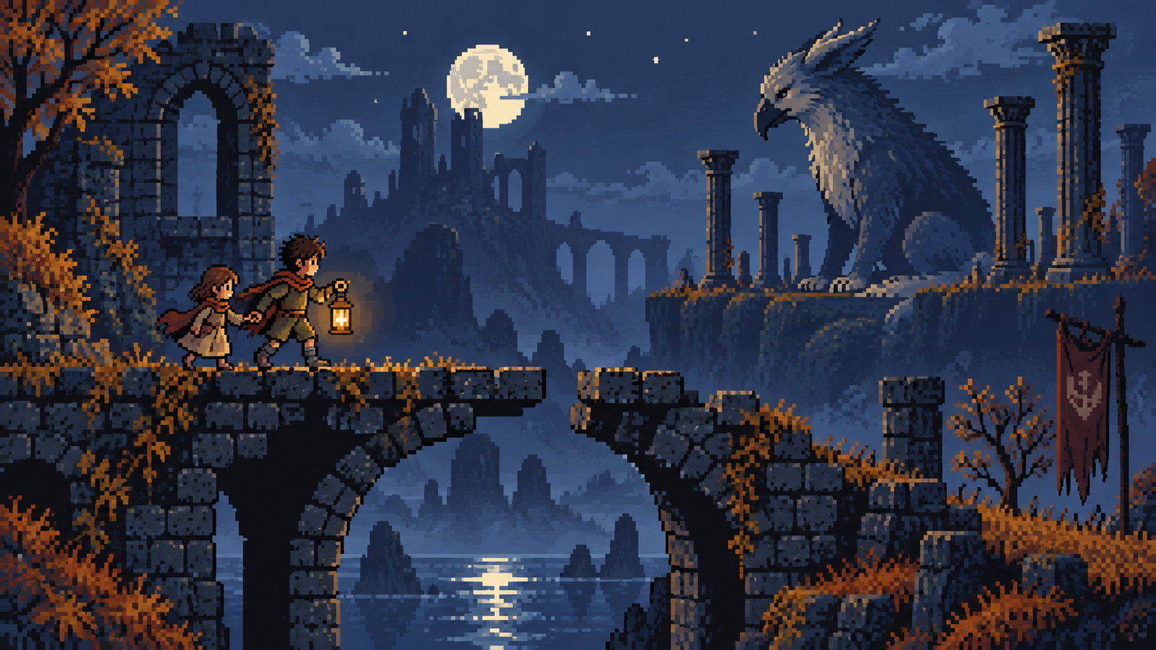 Irmãos em pixel art atravessando ruínas com lanterna diante de uma criatura gigante ao fundo