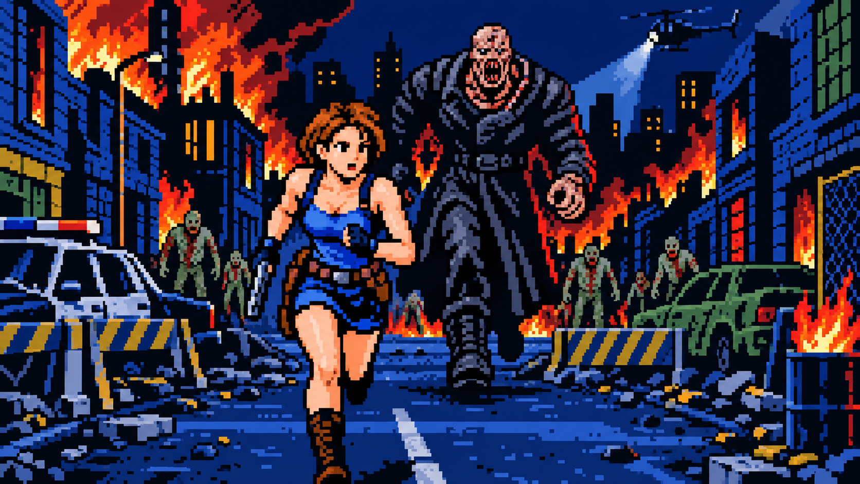 Jill fugindo de Nemesis durante a queda de Raccoon City