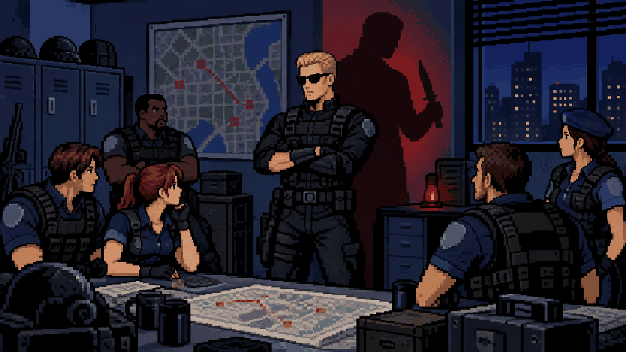 Wesker como capitão de equipe tática em sala policial noturna em pixel art