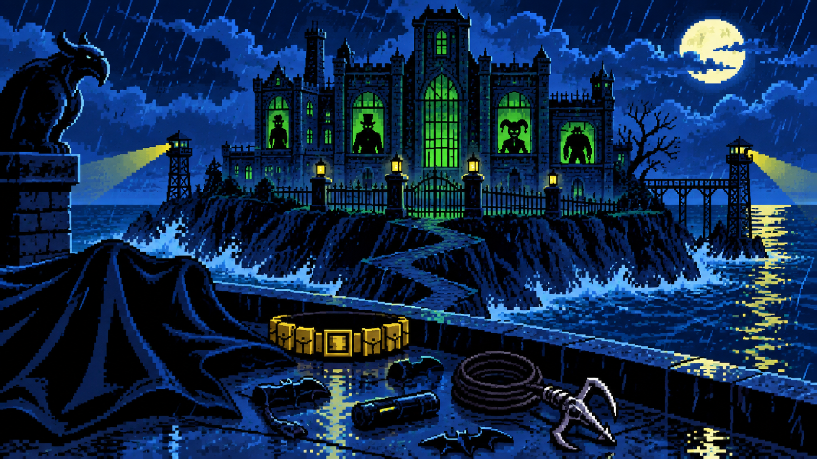 Asilo gótico em ilha chuvosa representando Batman Arkham Asylum