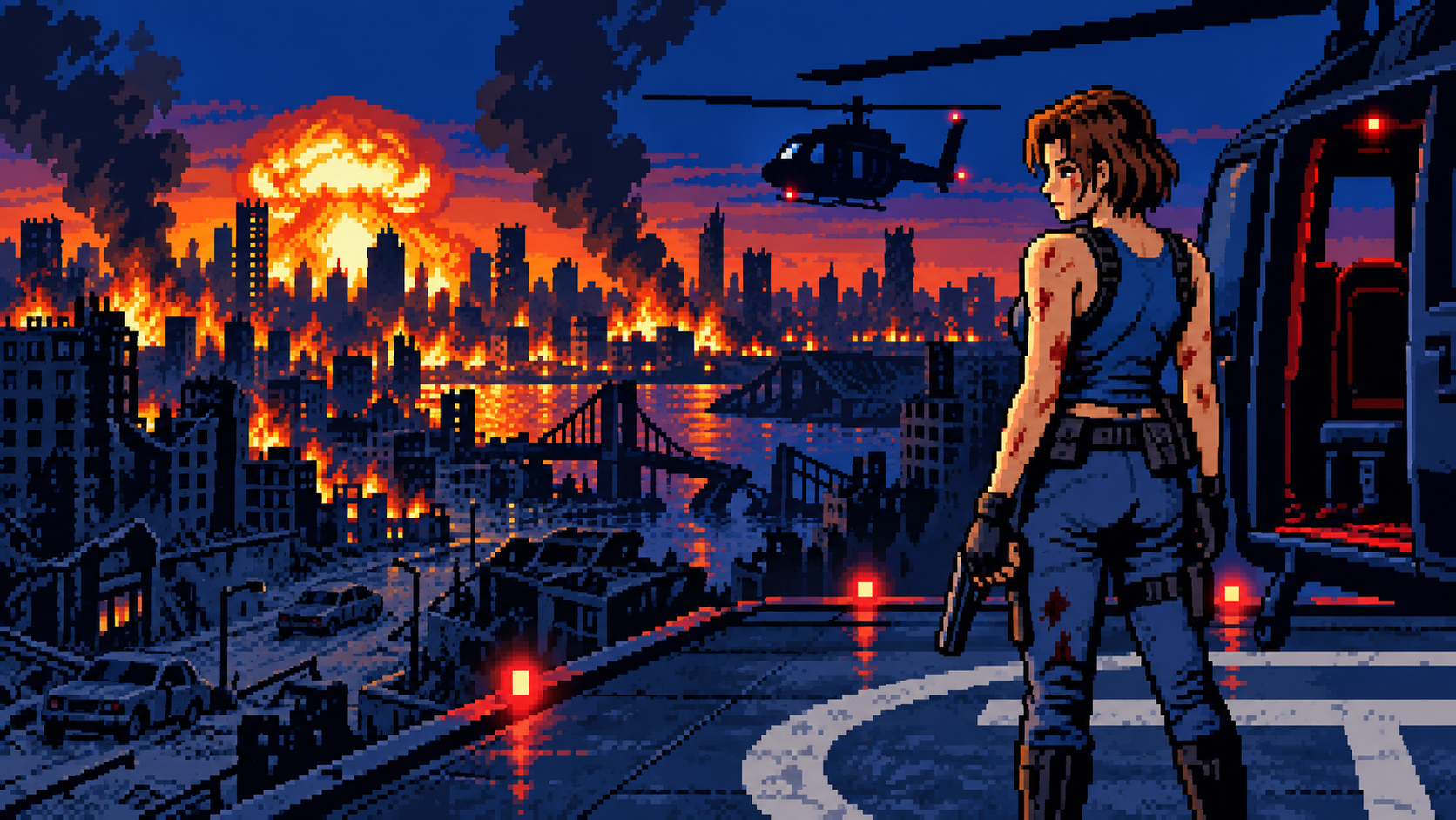 Jill observando Raccoon City destruída depois da fuga