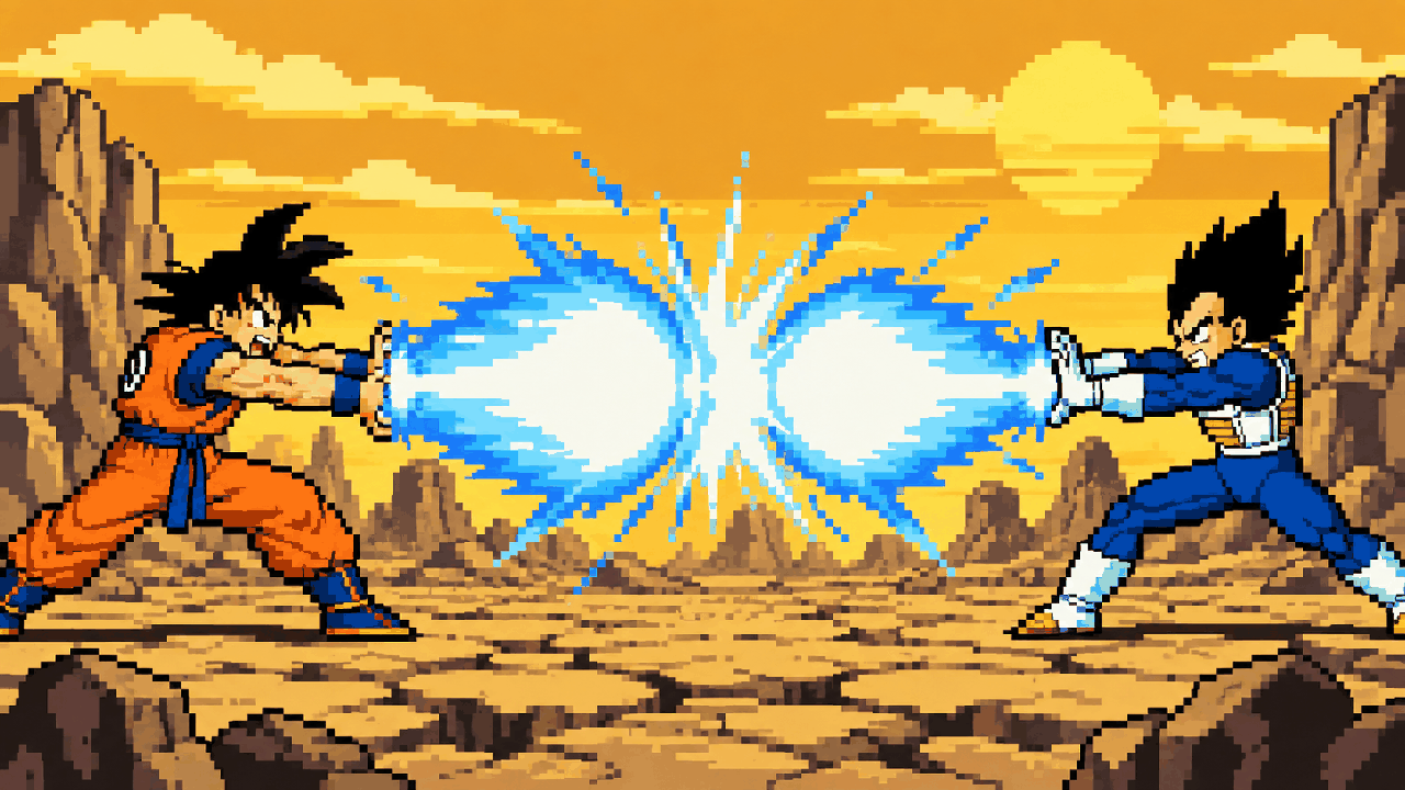 Goku e Vegeta trocando energia em cenário rochoso em pixel art