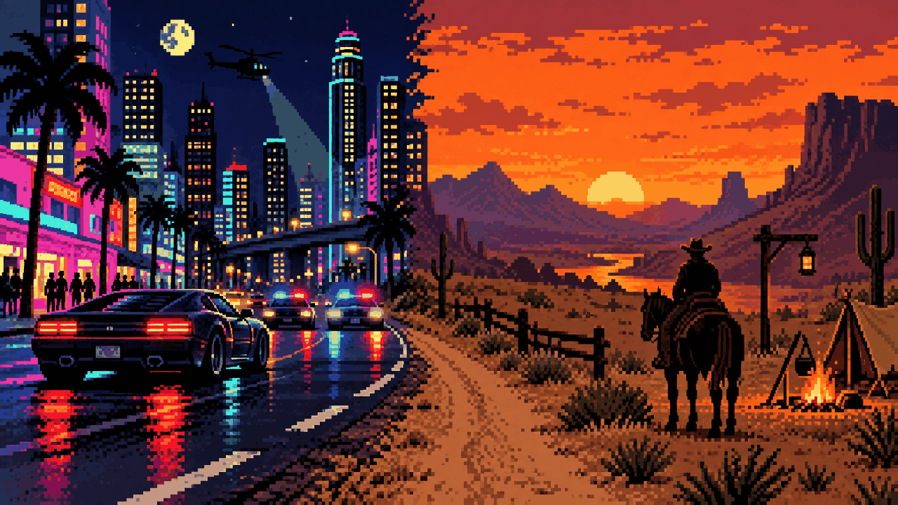 Pixel art com cidade caótica neon de um lado e cavalo ao pôr do sol do outro