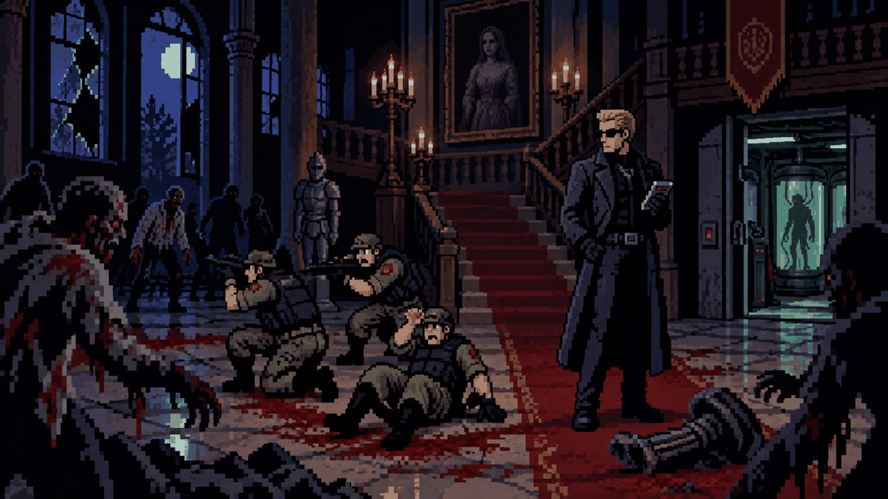 Wesker manipulando equipe em mansão tomada por monstros em pixel art