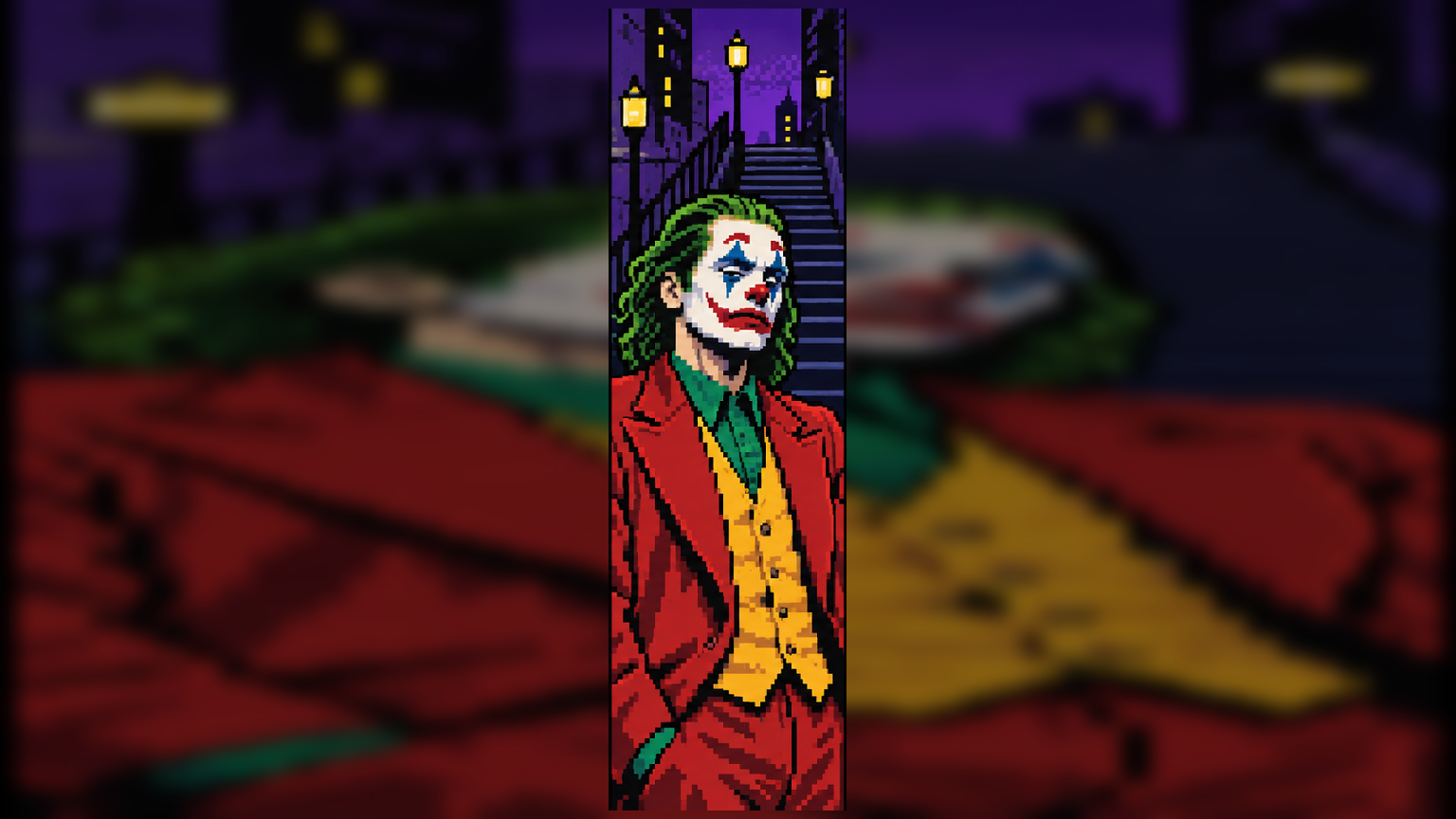 Retrato em pixel art inspirado no Coringa trágico de Joaquin Phoenix com terno vermelho