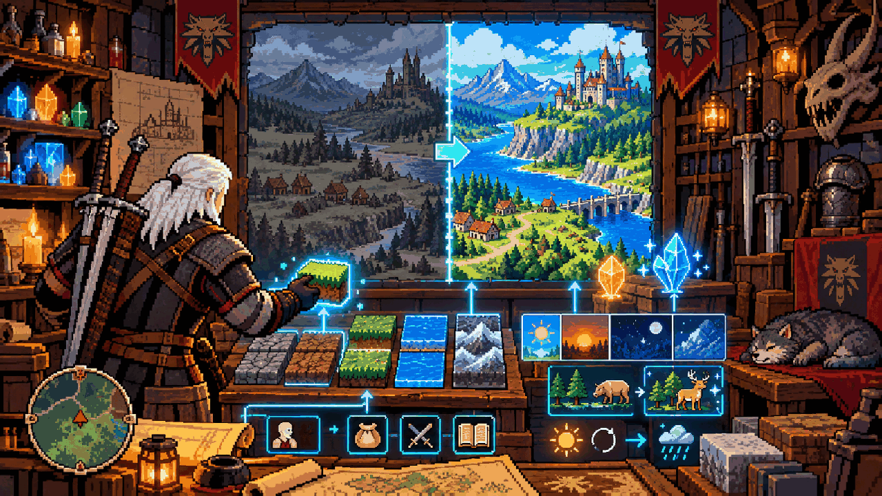 Geralt em oficina de remaster com tiles, luz, interface e melhorias visuais em pixel art