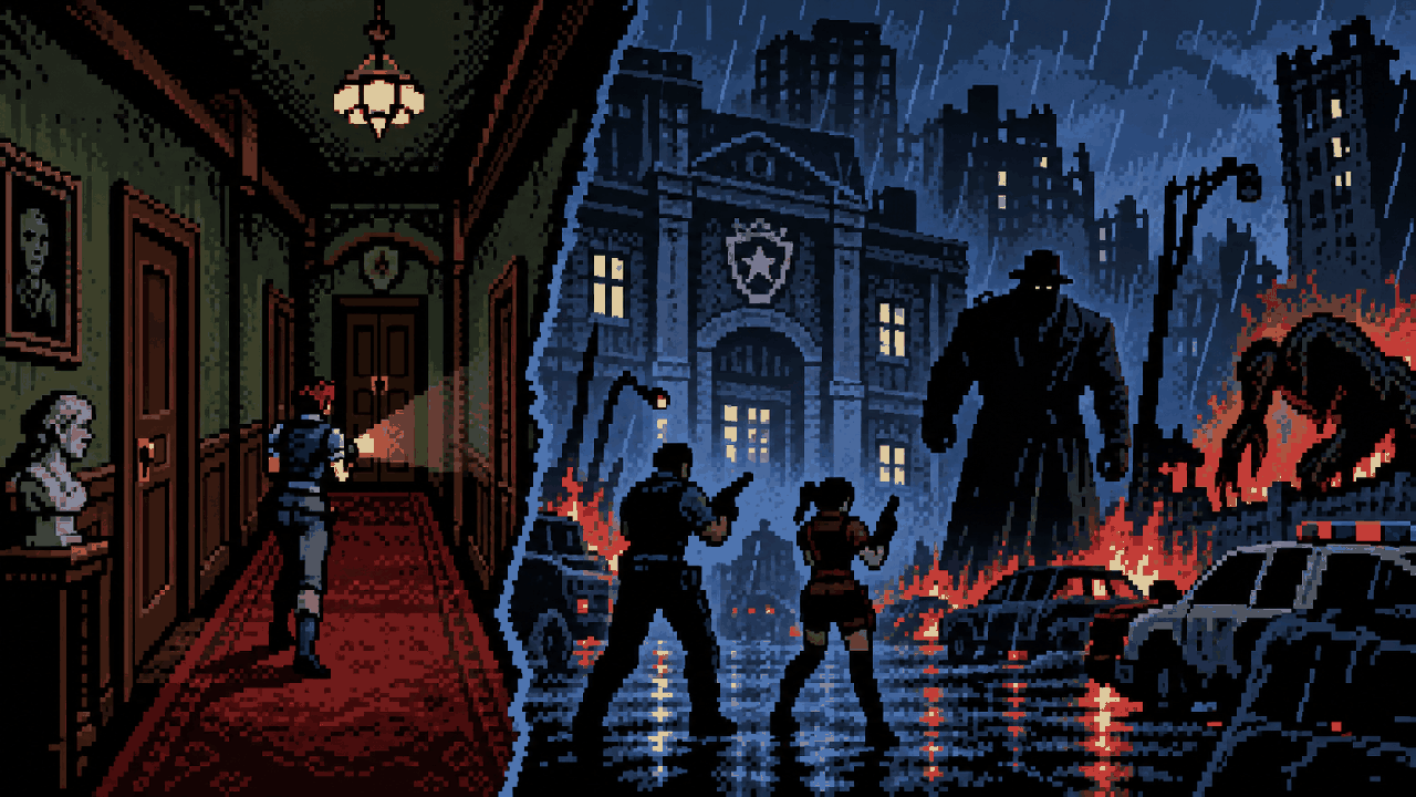 Mansão de survival horror evoluindo para cidade destruída com delegacia e monstros