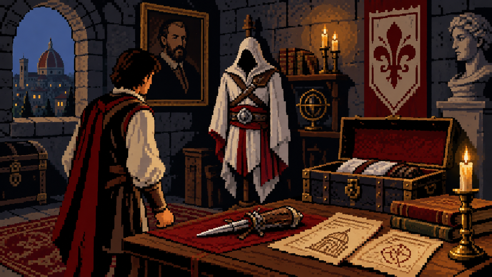 Ezio encontra equipamento de Assassino, lâmina oculta e páginas do códice do pai