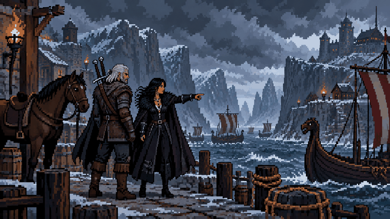 Geralt e Yennefer em porto de Skellige apontando para o mar em pixel art