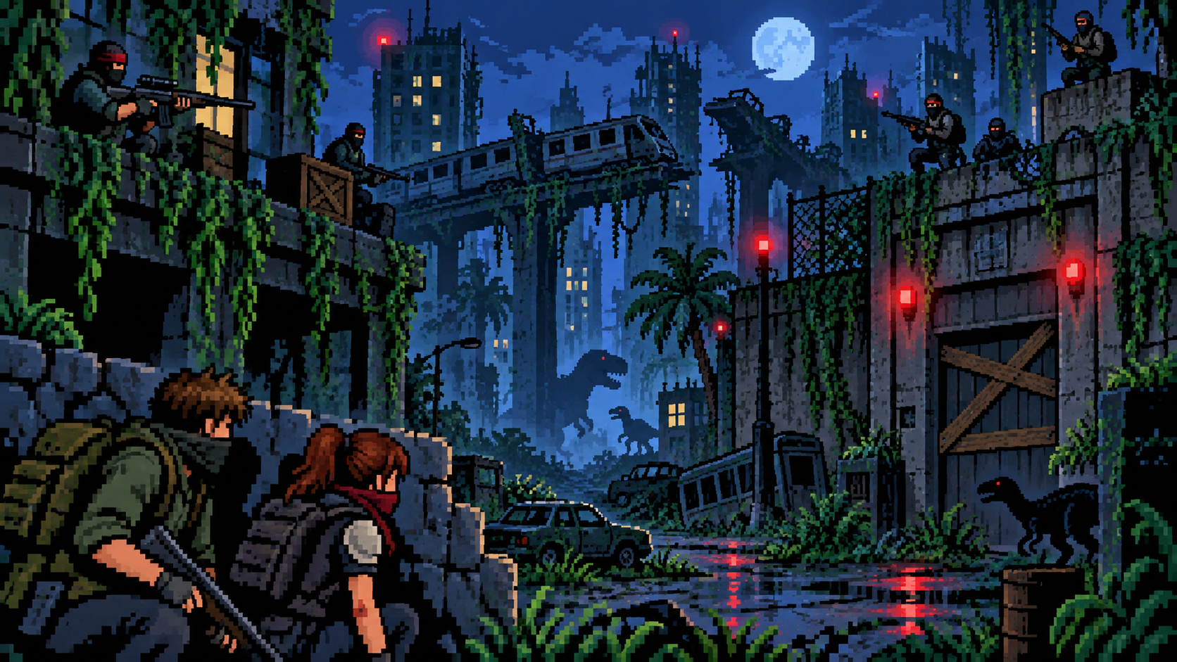 Sobreviventes mascarados em cidade abandonada com dinossauros e luzes vermelhas em pixel art