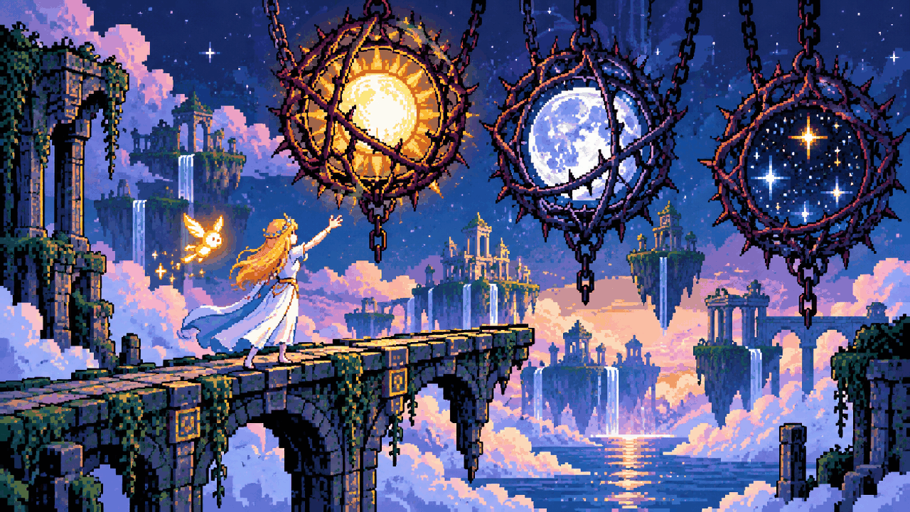 Aurora diante do sol, da lua e das estrelas aprisionados em Lemuria em pixel art
