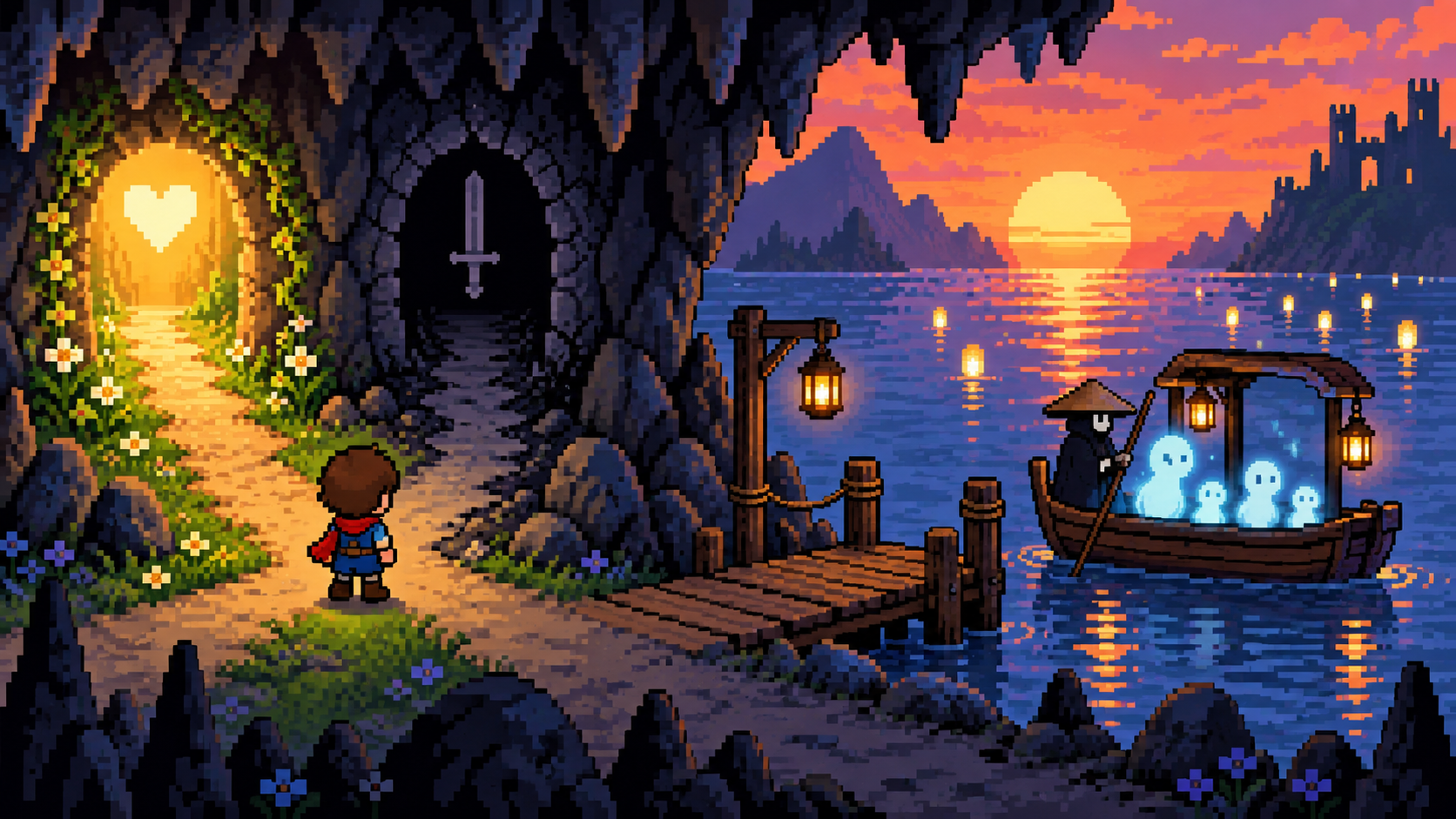 Caverna em pixel art com caminhos de escolha e barco iluminado levando espíritos no pôr do sol