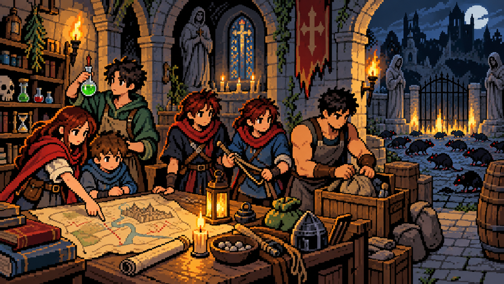 Amicia, Hugo, Lucas, Mélie, Arthur e Rodric planejando fuga em esconderijo medieval
