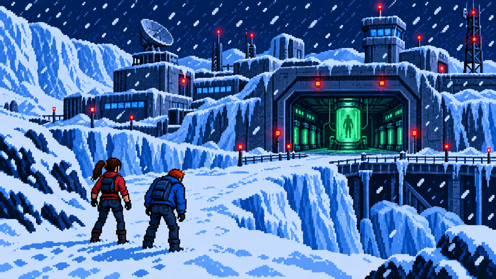 Claire e Steve chegando a uma base congelada na Antártida