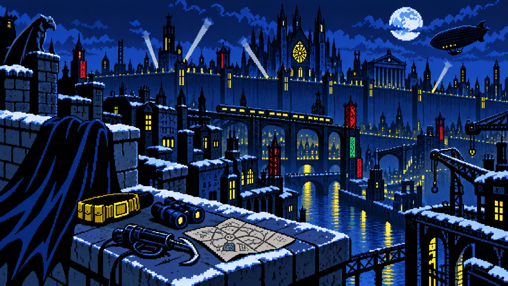 Cidade gótica murada em noite de neve representando Batman Arkham City