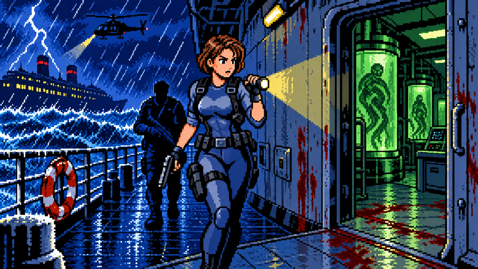 Jill em missão da BSAA investigando navio fantasma no Mediterrâneo