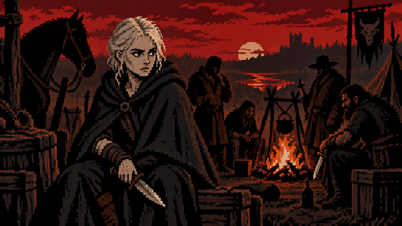 Ciri em acampamento sombrio com grupo de foras da lei e ceu vermelho em pixel art