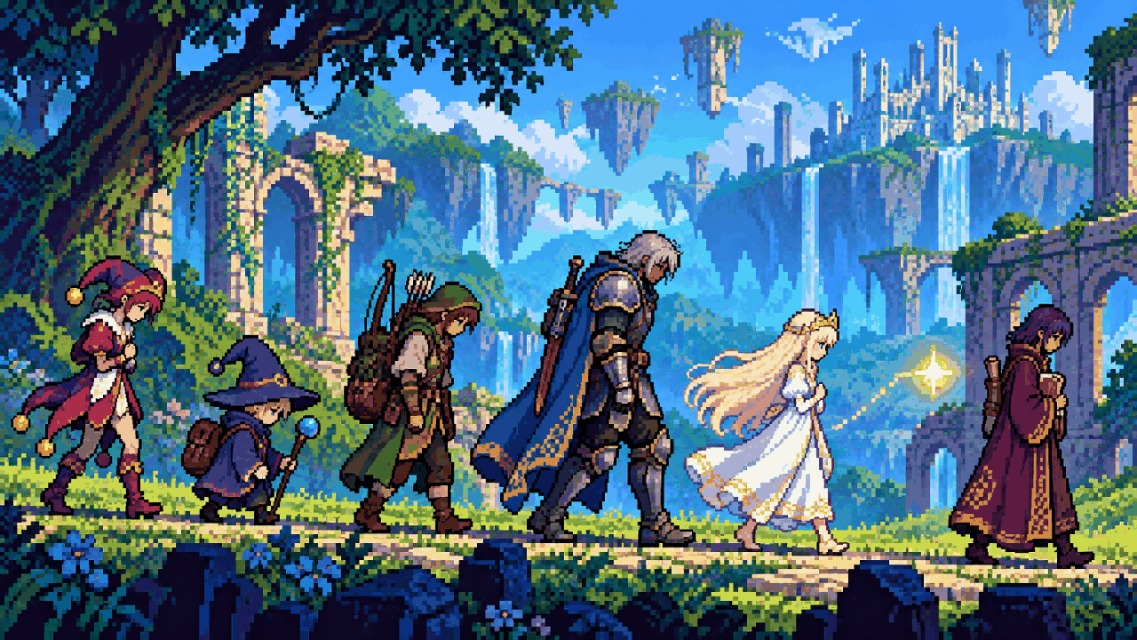 Aurora caminha com aliados de Lemuria em uma jornada de conto de fadas em pixel art