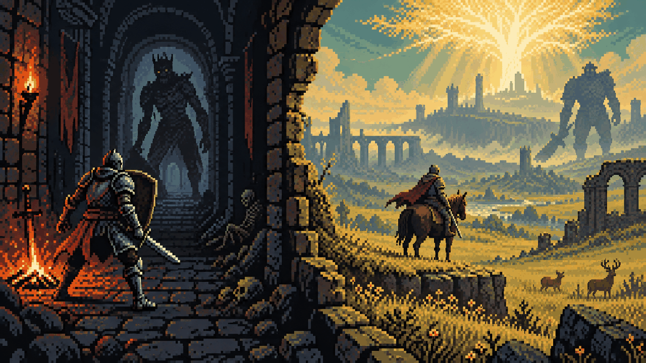 Pixel art com castelo opressivo contra campo aberto de fantasia sombria