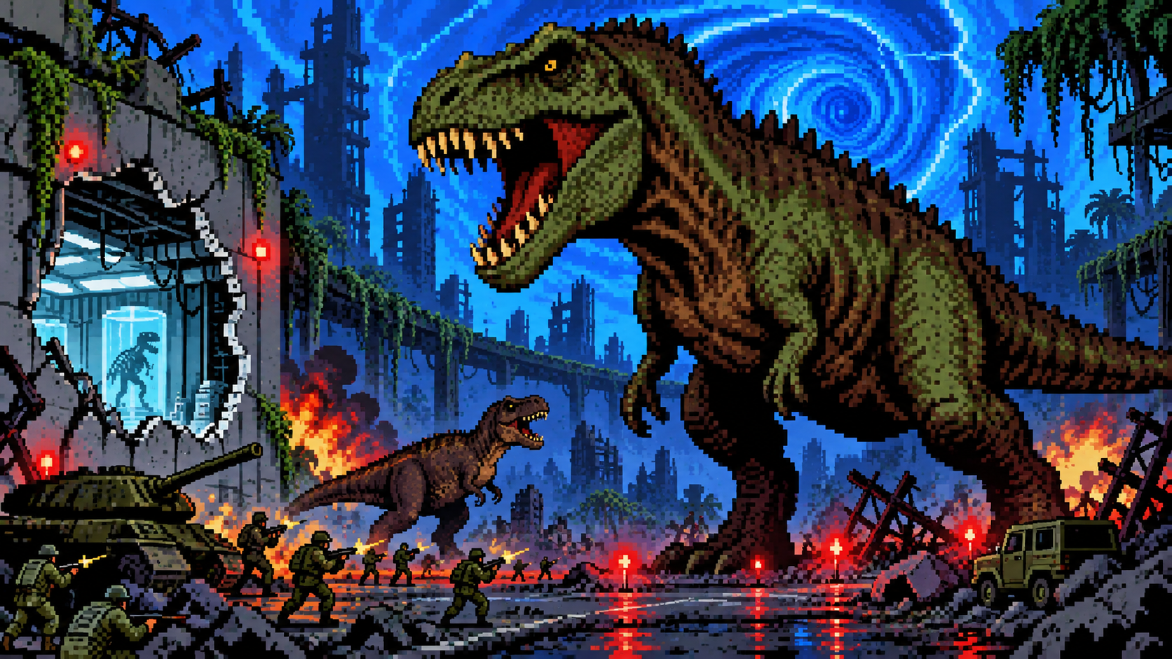 Giganotosaurus gigante destruindo avenida industrial com soldados pequenos ao redor em pixel art