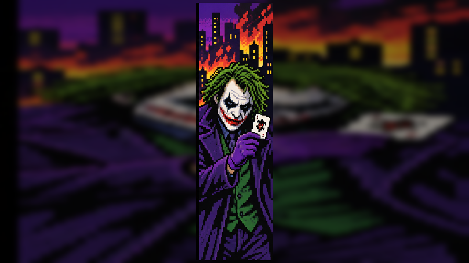 Retrato em pixel art inspirado no Coringa anárquico de Heath Ledger
