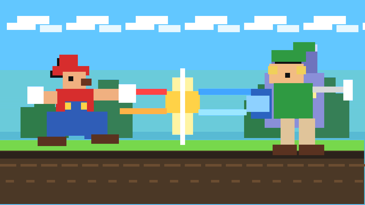 Mario e Link em duelo de arena colorida em pixel art