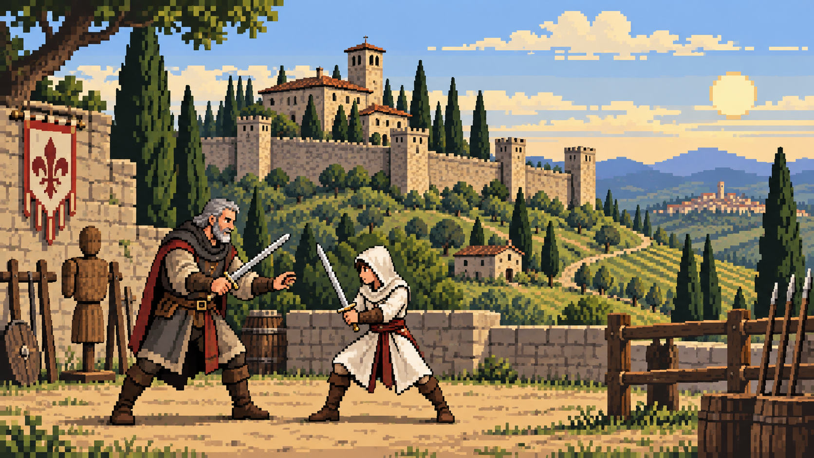 Mario Auditore treina Ezio na Villa Auditore em Monteriggioni