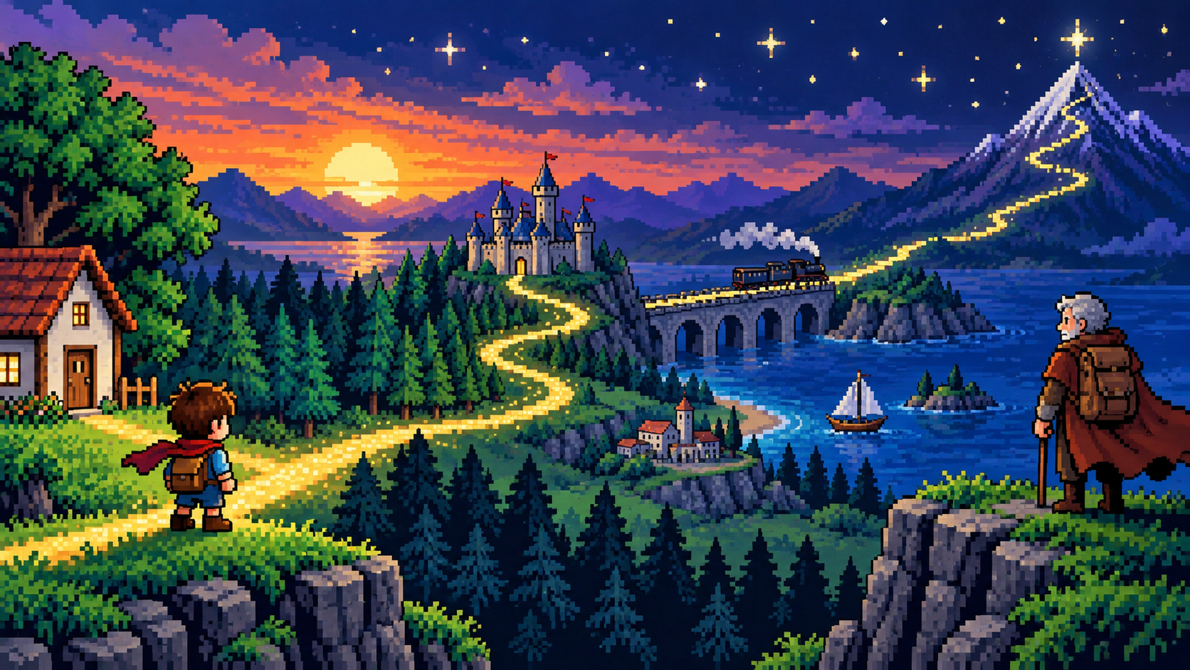 Aventureiro jovem e versão mais velha olhando uma estrada brilhante de memórias em pixel art