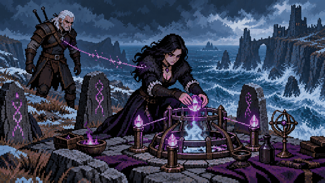 Yennefer preparando ritual para capturar um djinn em penhasco de Skellige em pixel art