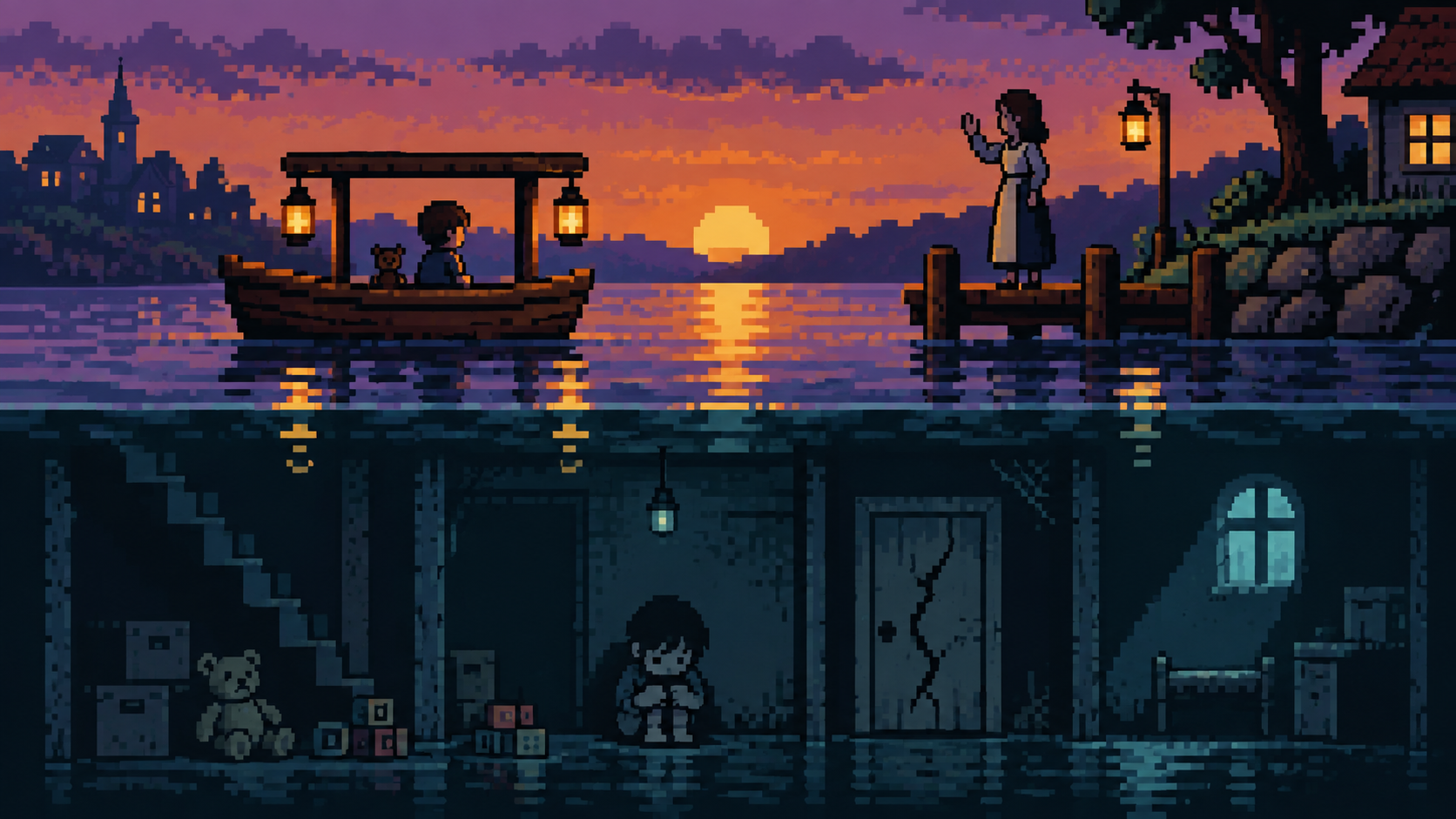 Barco com lanternas em pôr do sol refletindo um porão escuro com brinquedos e criança