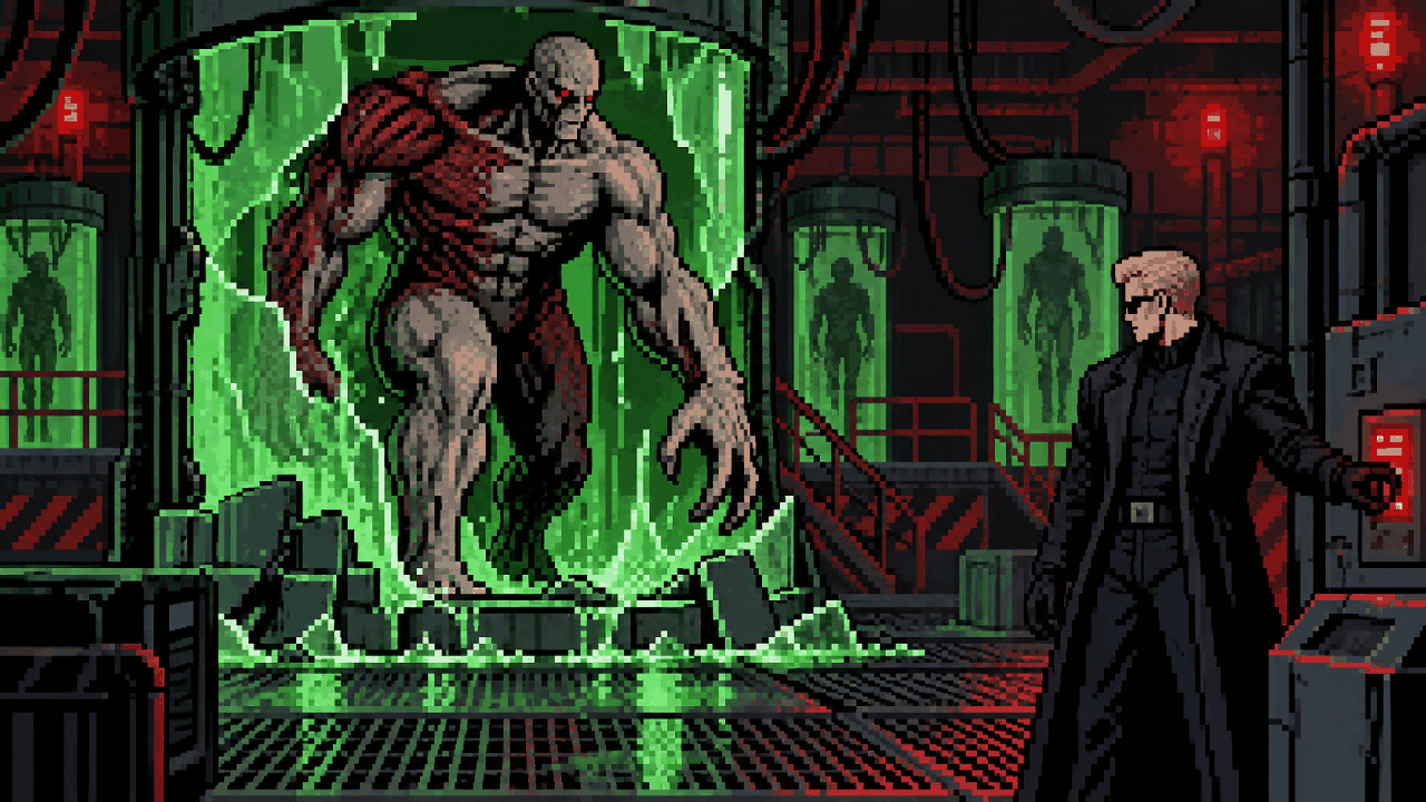 Wesker libertando monstro Tyrant em laboratório subterrâneo em pixel art