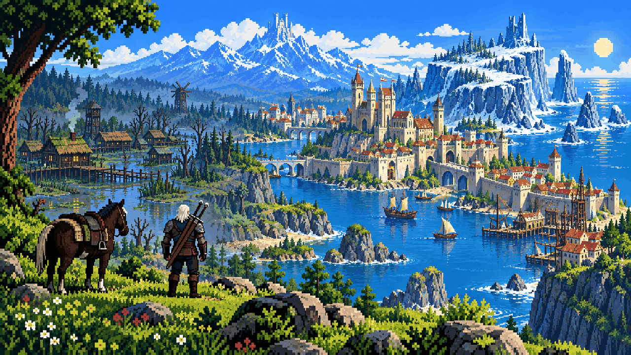 Geralt e cavalo diante do Continente mais colorido e moderno em pixel art