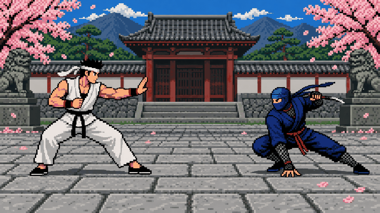 Akira Yuki e Kage-Maru se enfrentando em dojo em pixel art