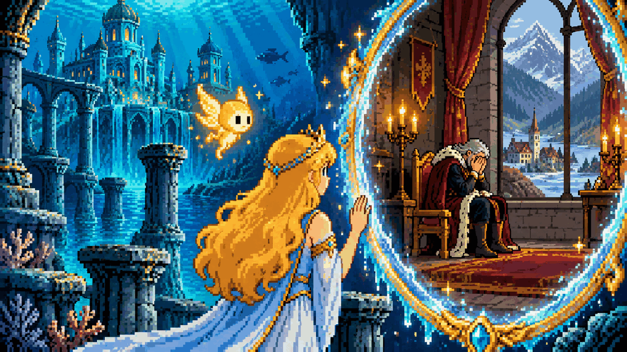 Aurora observa o pai através de um portal entre Lemuria e sua casa em pixel art