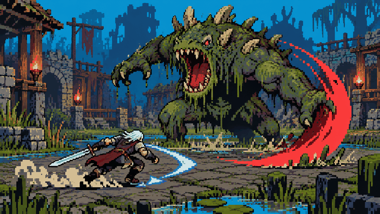 Geralt lutando contra criatura do pântano com ação clara em pixel art