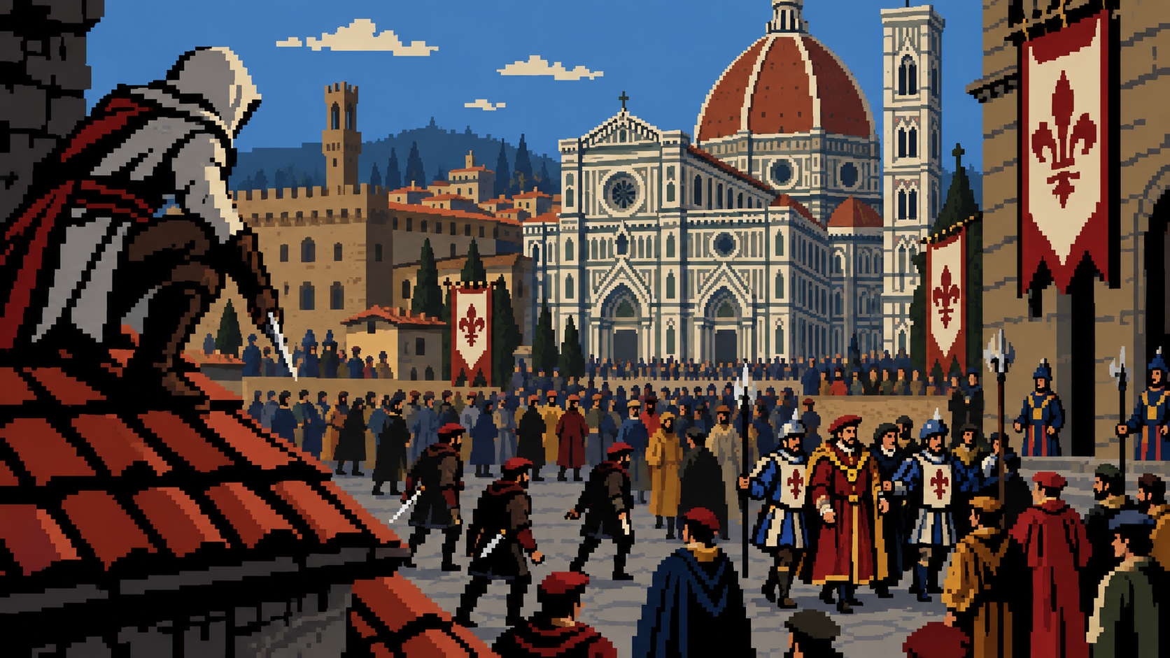 Ezio observa a Conspiração dos Pazzi perto da catedral de Florença