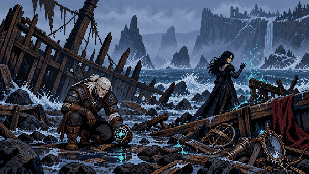 Geralt e Yennefer investigando destroços de navio e objetos mágicos em pixel art