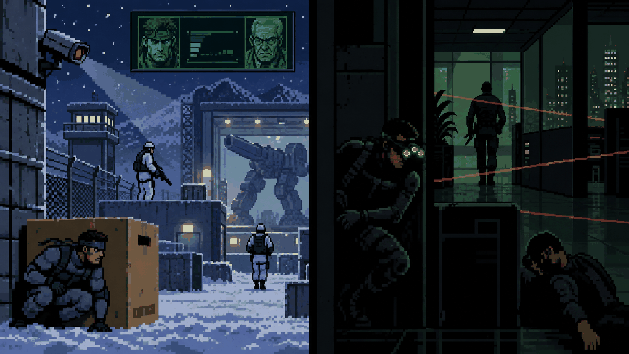 Pixel art com espionagem militar cinematográfica e infiltração nas sombras