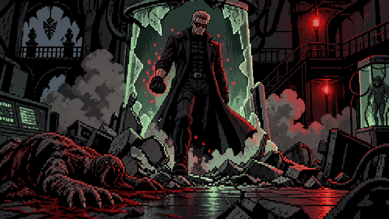 Wesker renascendo em laboratório destruído com olhos vermelhos em pixel art
