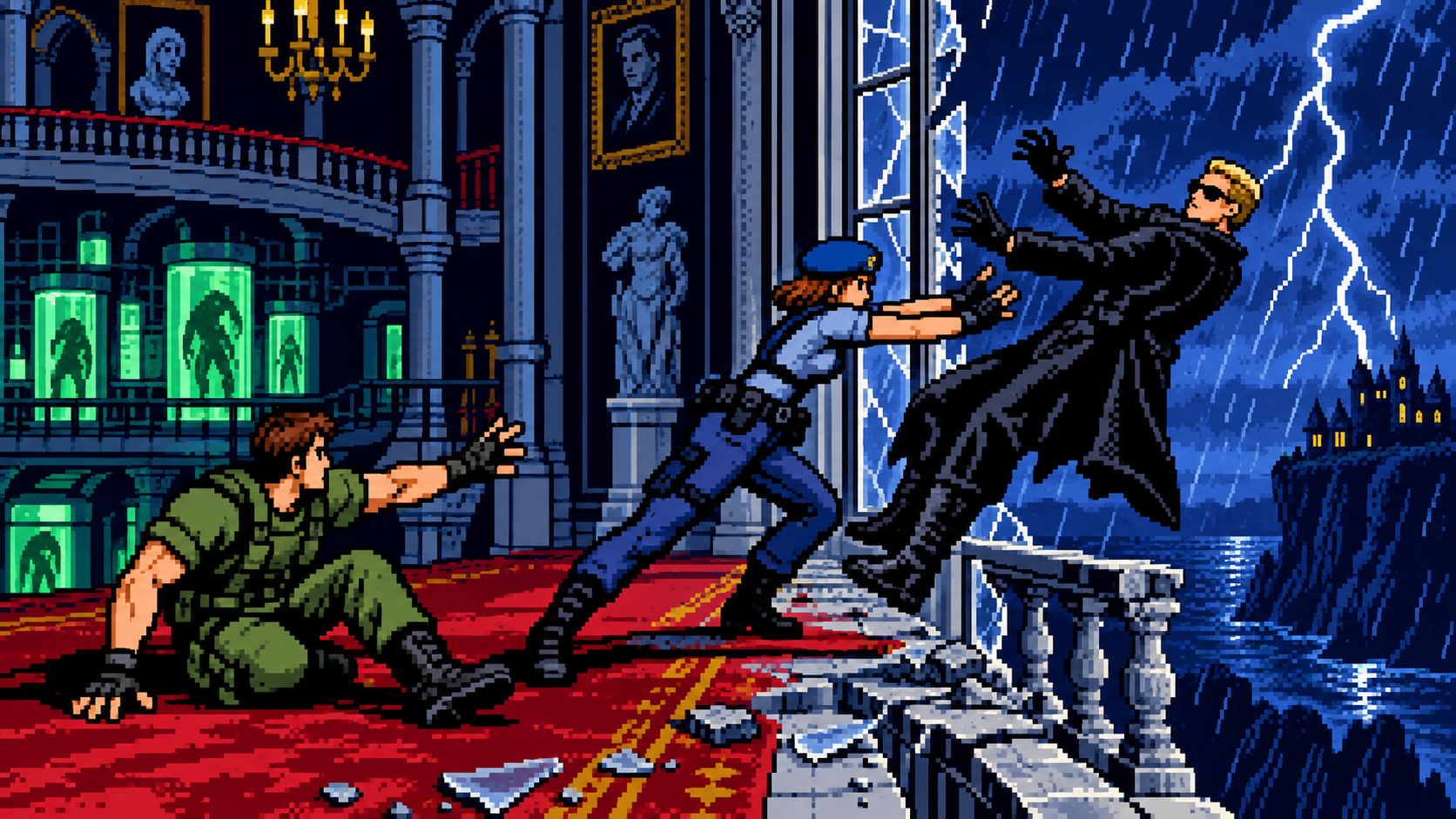 Jill se sacrificando para salvar Chris durante confronto com Wesker na residência de Spencer