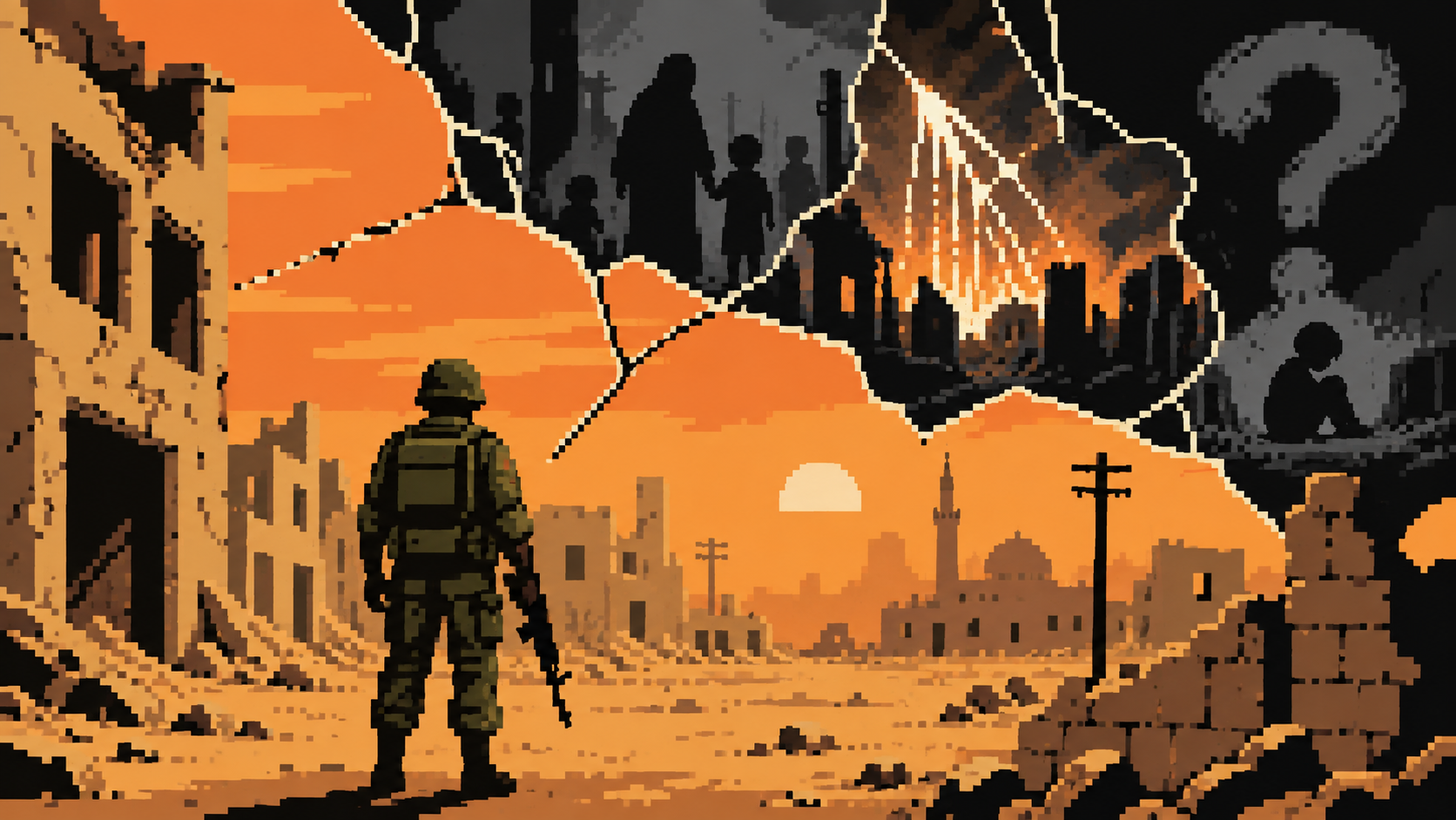 Soldado em cidade deserta destruída diante de tela quebrada com sombras de culpa