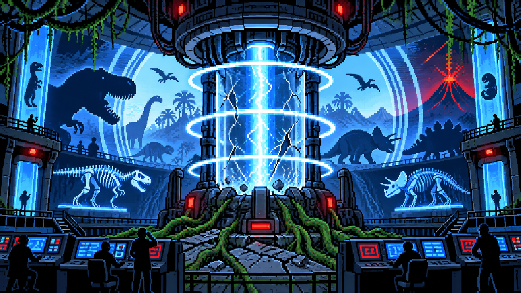 Reator da Terceira Energia com silhuetas de dinossauros e eras misturadas em pixel art