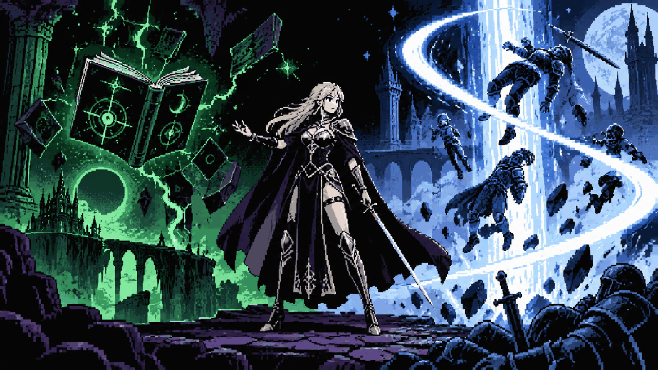 Ciri cercada por energia dimensional entre destino escrito e poderes visiveis em pixel art