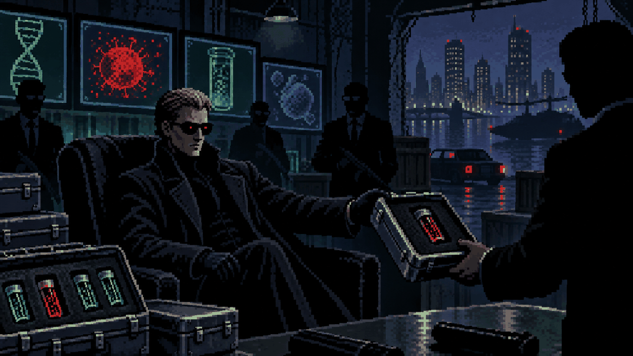 Wesker negociando amostras virais em sala secreta com agentes em pixel art