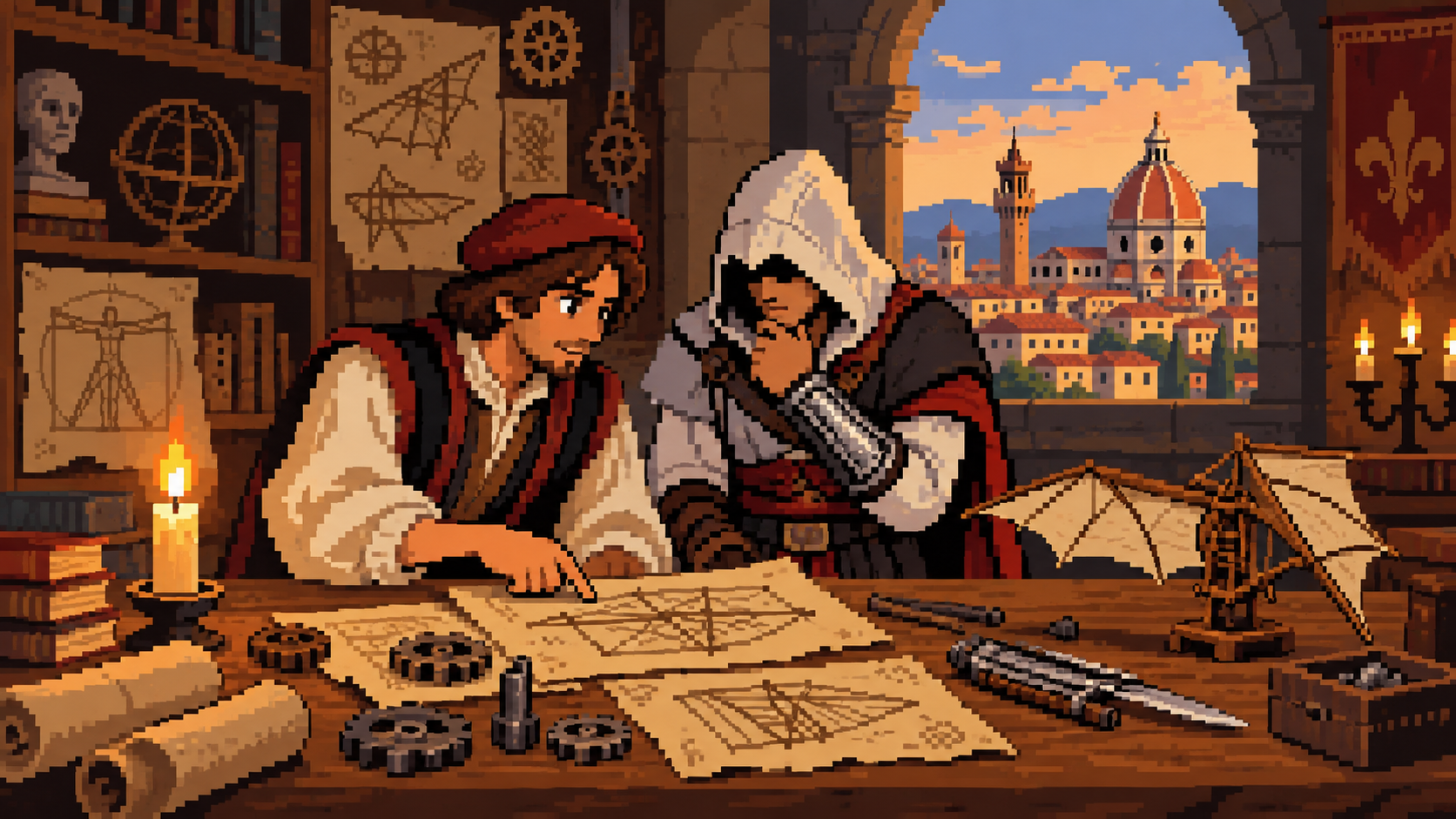 Leonardo da Vinci jovem ajuda Ezio com códices, lâmina oculta e invenções