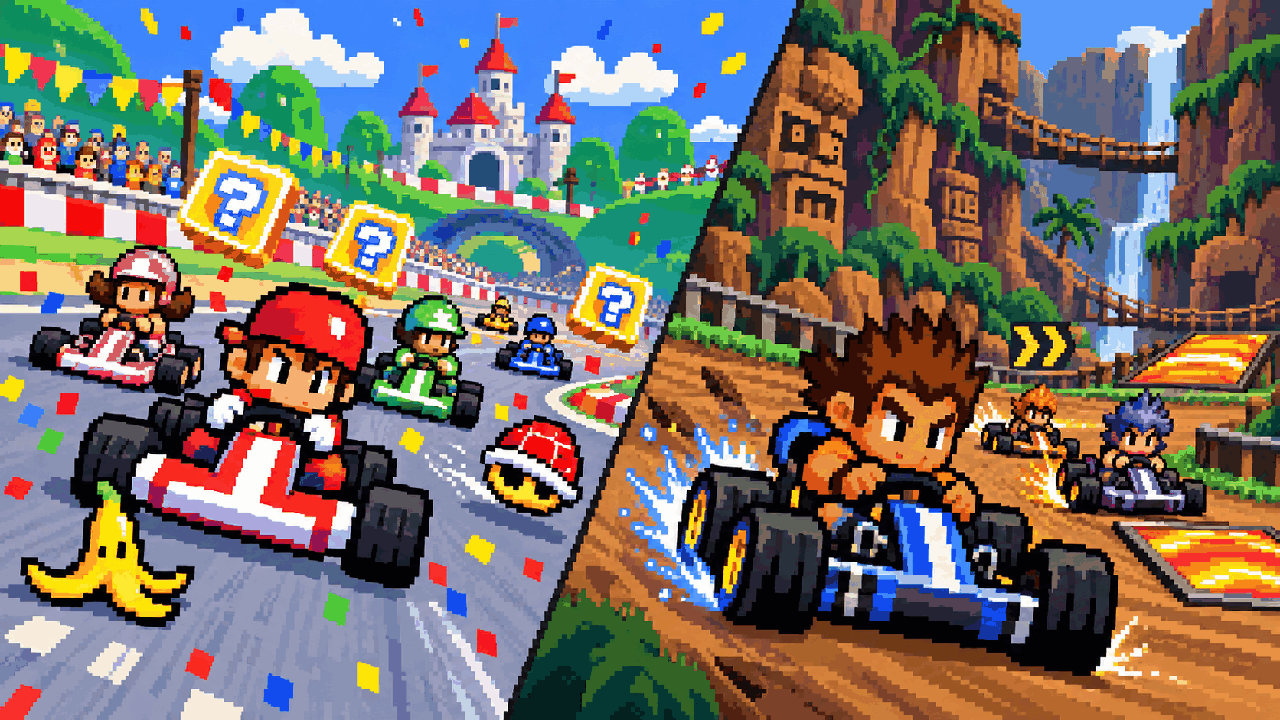 Pixel art com corrida de kart caótica de um lado e drift técnico do outro