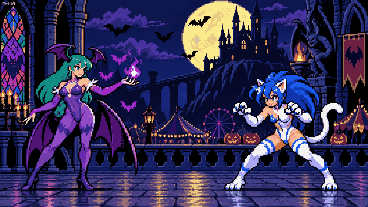 Morrigan e Felicia em arena gótica de Darkstalkers em pixel art
