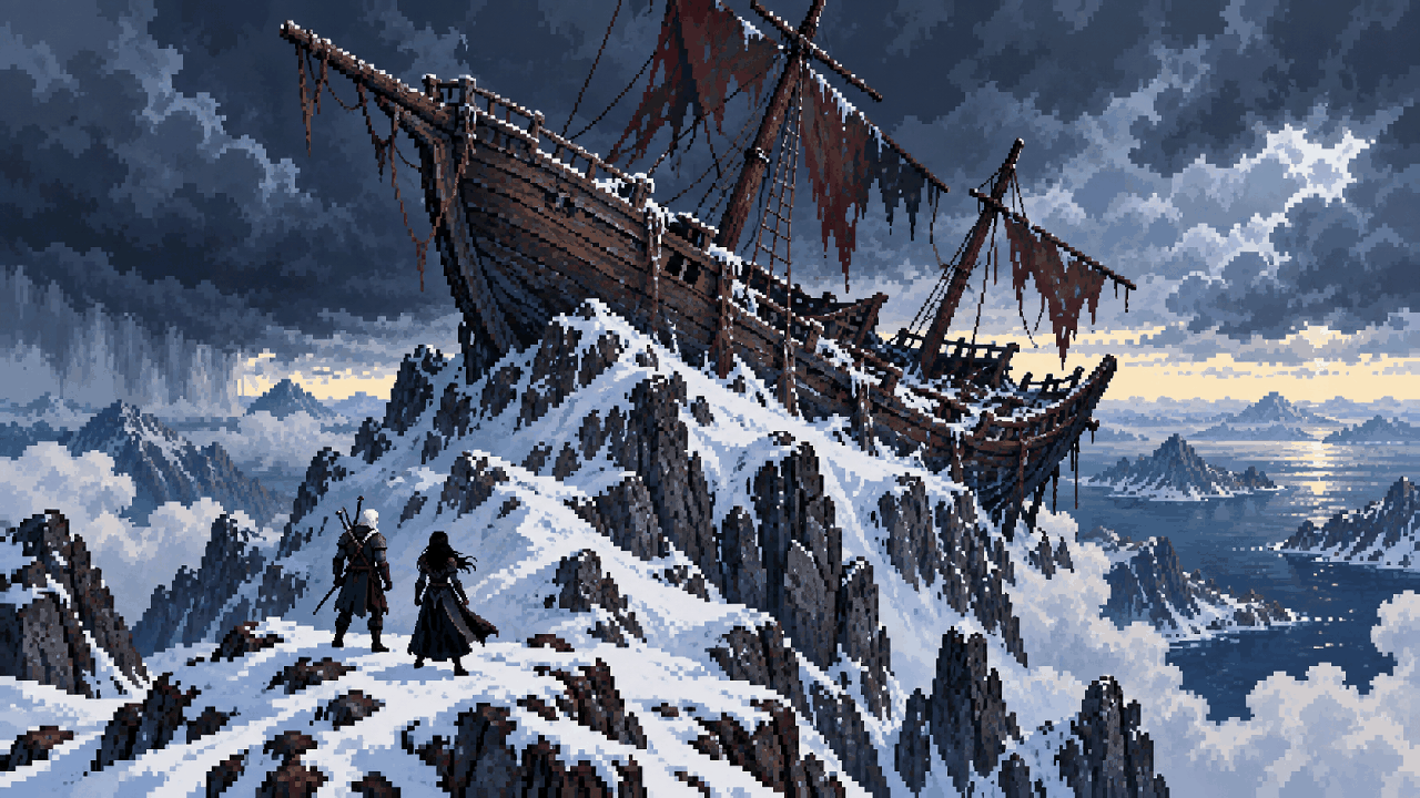 Navio destruído preso no topo de montanha nevada em Skellige em pixel art