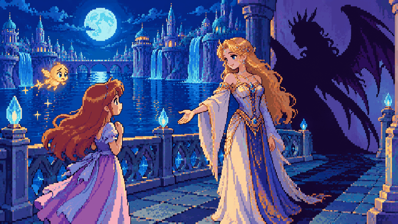 Aurora encontra Norah em Lemuria enquanto uma sombra ameaçadora cresce ao fundo em pixel art