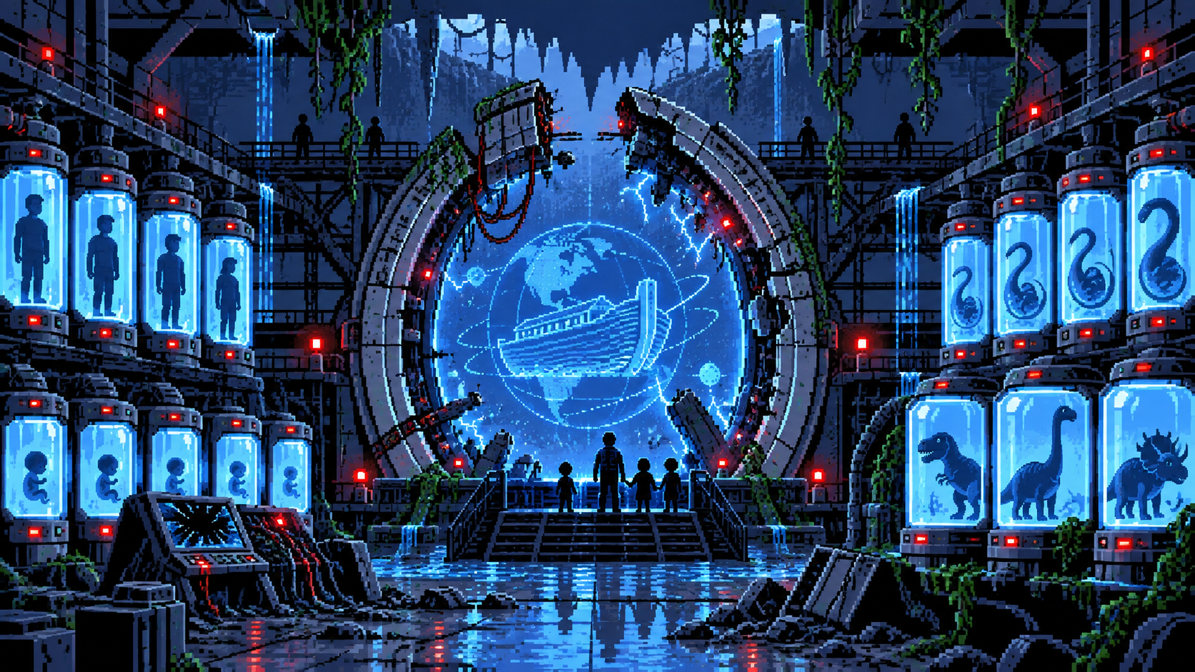 Laboratório com cápsulas de humanos e dinossauros ao redor de portal do Plano Arca de Noé em pixel art